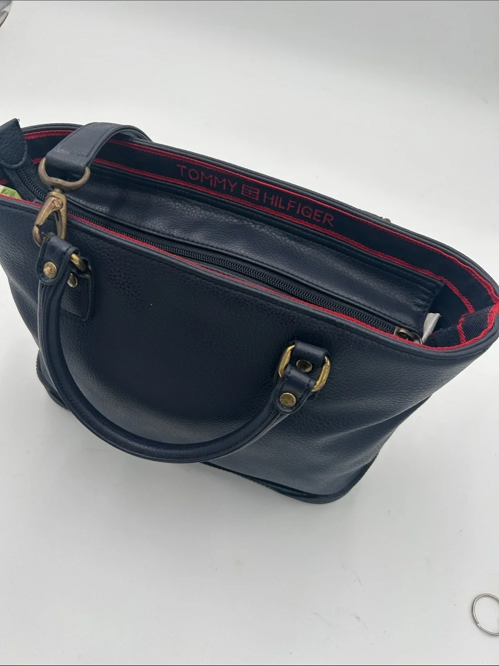 Y2K Tommy Hilfiger Navy Pebbled Leather Tote Bag  Detachable Crossbody Strap